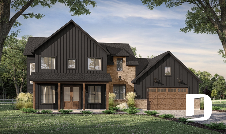Vue avant - MODÈLE DE BASE - Maison Farmhouse à étage avec garage double, 3 chambres et magnifique vue panoramique à l'arrière de la maison - Sophia