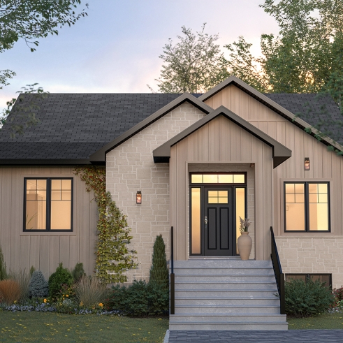 Vue avant - MODÈLE DE BASE - Modèle de maison plain-pied, sous-sol aménagé optionnel ($), 2 à 4 chambres, bureau, garde-manger, vestiaire - Cedar grove