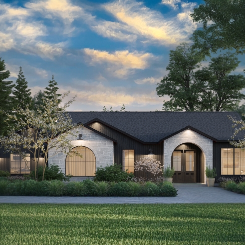 Vue avant - MODÈLE DE BASE - Plan résidentiel de type plain-pied moderne, superbe suite parentale, garage double et options de fondation - Andrews 2