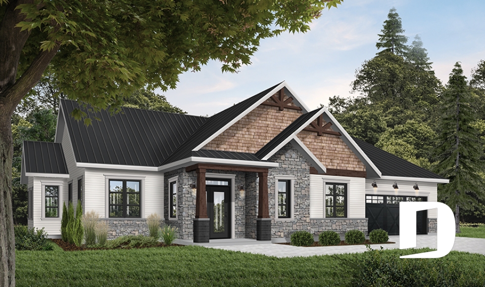 Vue avant - MODÈLE DE BASE - Plan de maison plain-pied champêtre avec garage double, 3 chambres et style rustique chaleureux - Providence 3