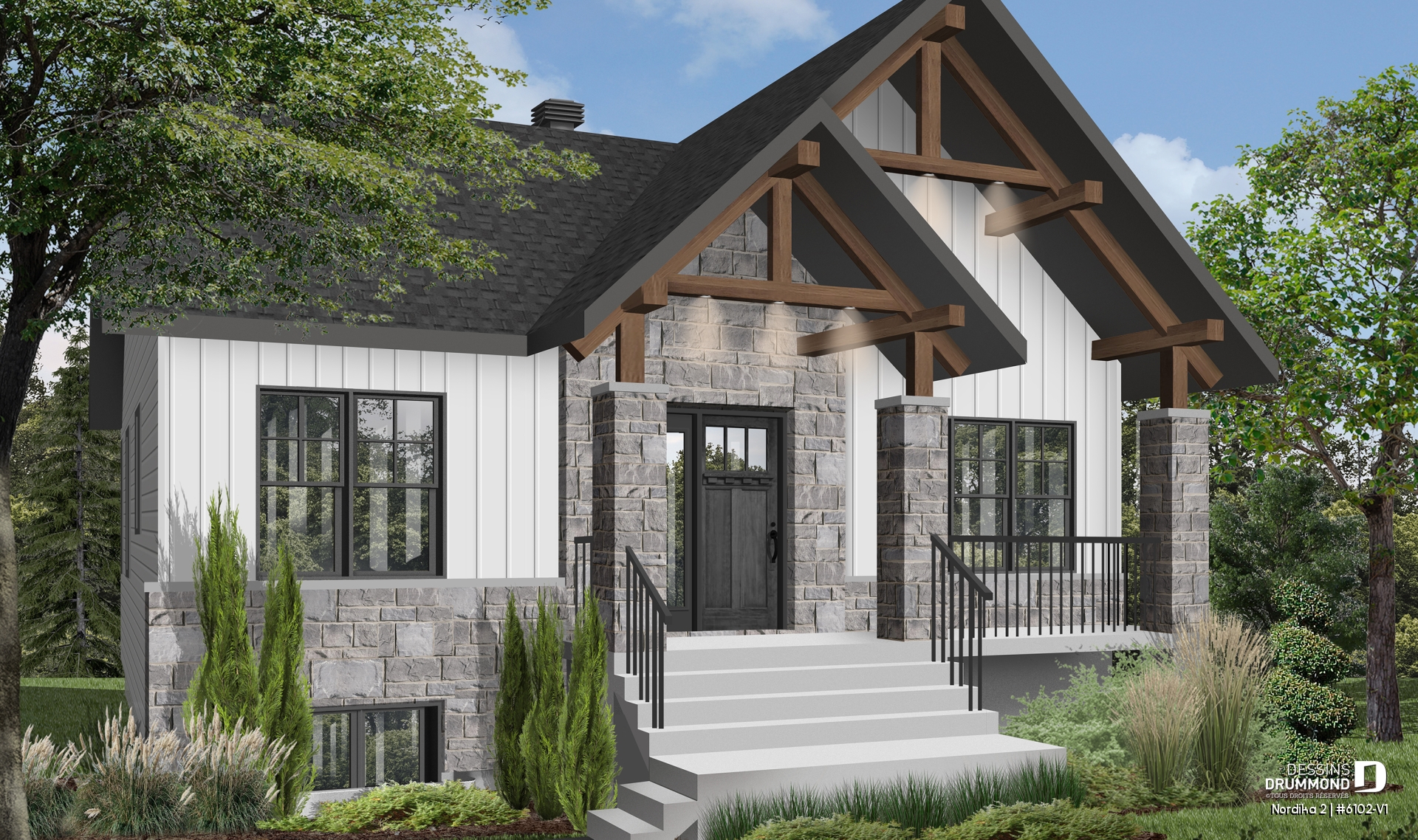 Vue avant - MODÈLE DE BASE - Plan petite maison 2 chambres, abordable, aire ouverte, grande cuisine avec îlot et garde-manger - Nordika 2