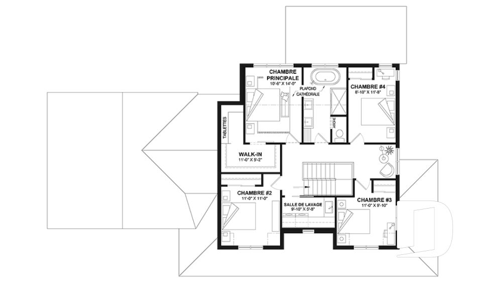 Étage - Plan de maison Farmhouse à étage, avec garage double et 4 à 6 chambres, rez-de-jardin aménagé - Carolina